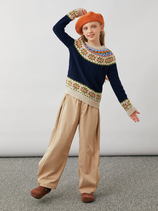 COMOBOCA 100% Wool Kids' Cable Fair Isle Round Neck Sweater