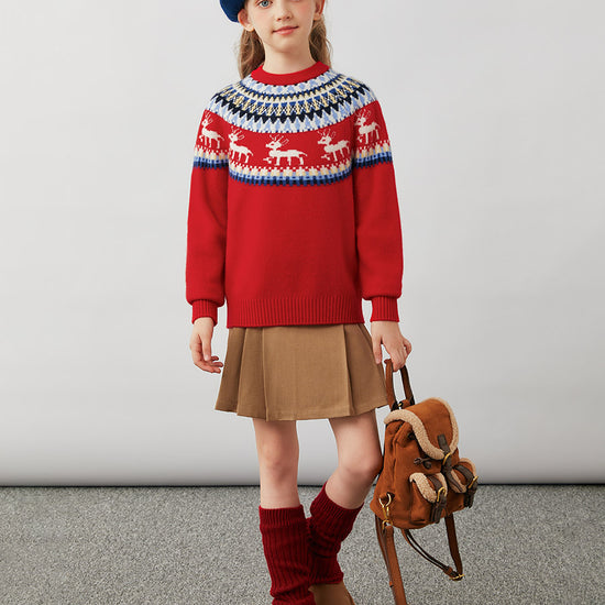 COMOBOCA 100% Wool Kids' Fair Isle Reindeer Round Neck Sweater