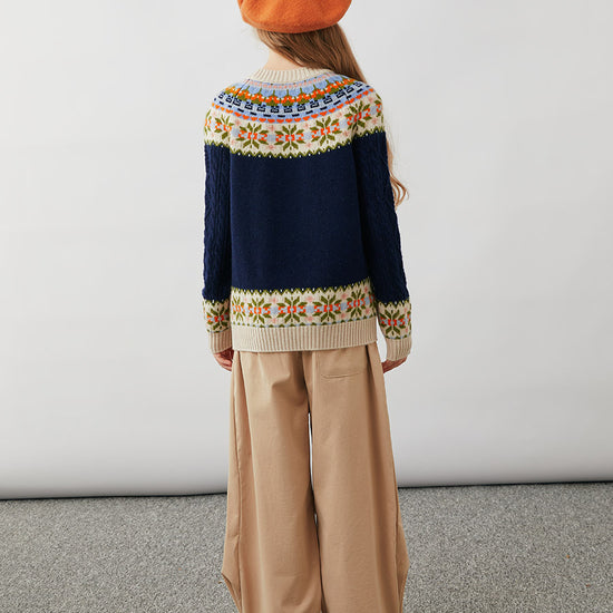 COMOBOCA 100% Wool Kids' Cable Fair Isle Round Neck Sweater