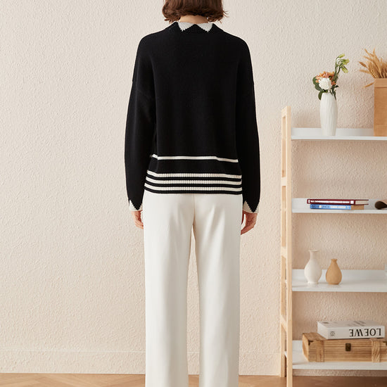 COMOBOCA 100% Cashmere Women's Contrast Jacquard Mock Neck Sweater