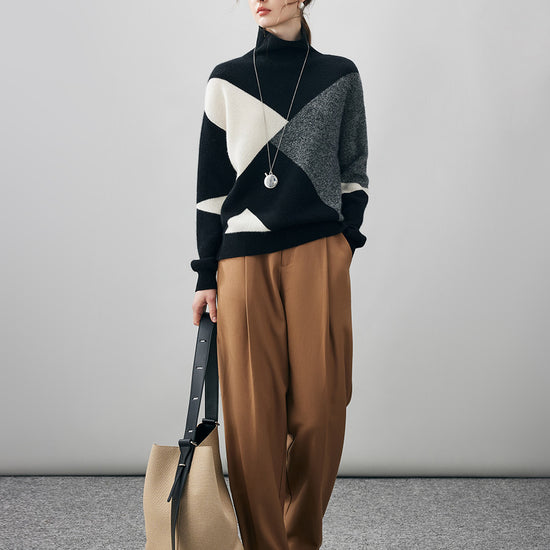 COMOBOCA 100% Cashmere Women's Geometric Turtleneck Sweater