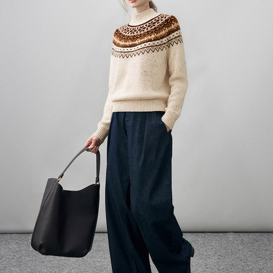 COMOBOCA 100% Cashmere Women's Fair Isle Mock Neck Sweater