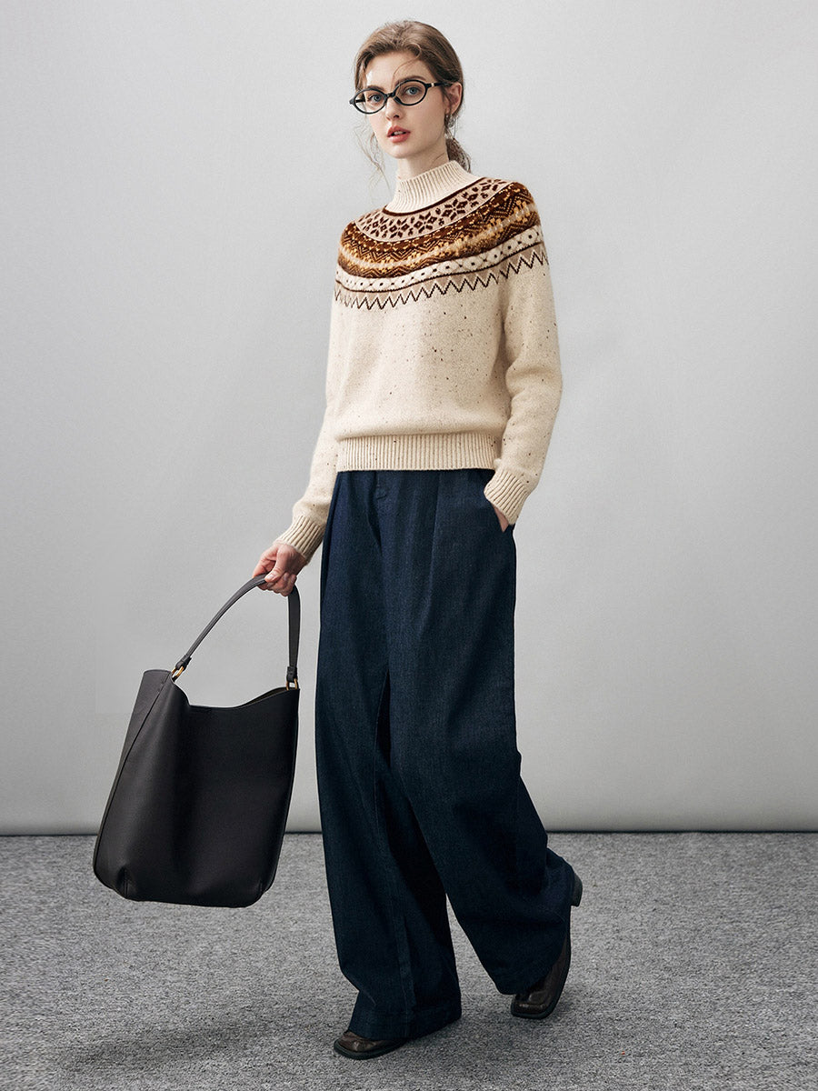 COMOBOCA 100% Cashmere Women's Fair Isle Mock Neck Sweater