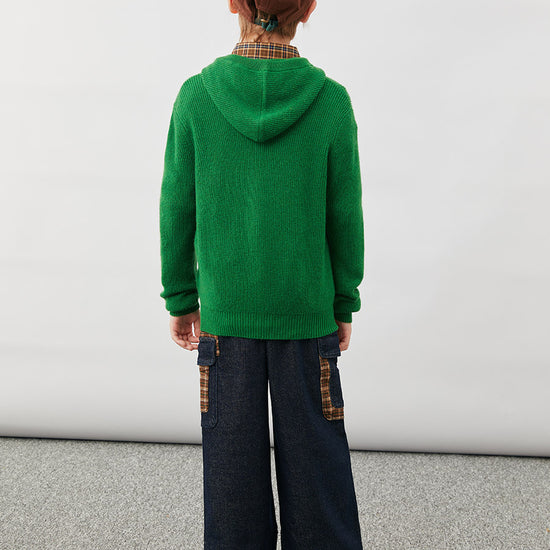 COMOBOCA 100% Wool Kids' Ribbed Zip Up Hooded Cardigan