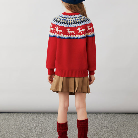 COMOBOCA 100% Wool Kids' Fair Isle Reindeer Round Neck Sweater