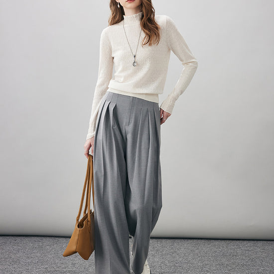 COMOBOCA 100% Wool Women's Ruffled Mock Neck Knit Sweater