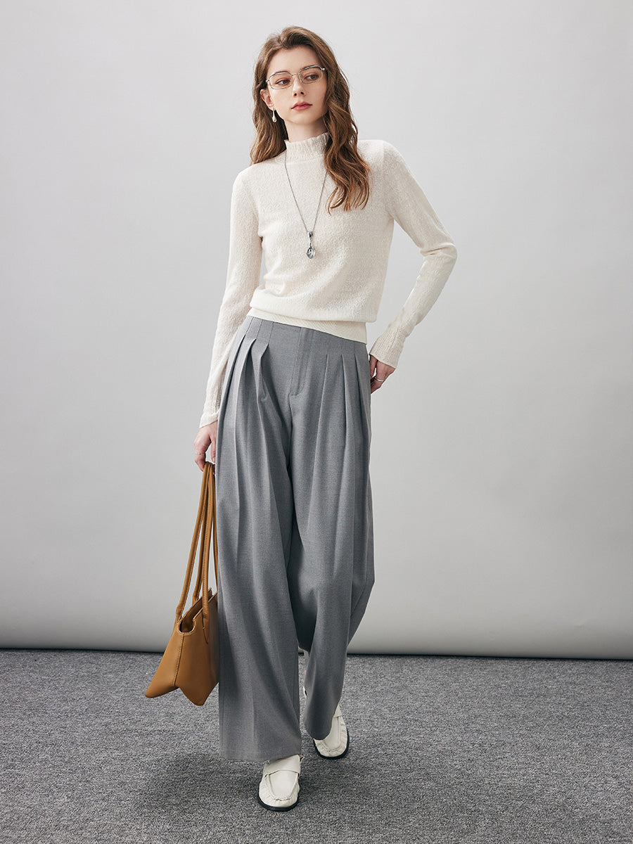 COMOBOCA 100% Wool Women's Ruffled Mock Neck Knit Sweater