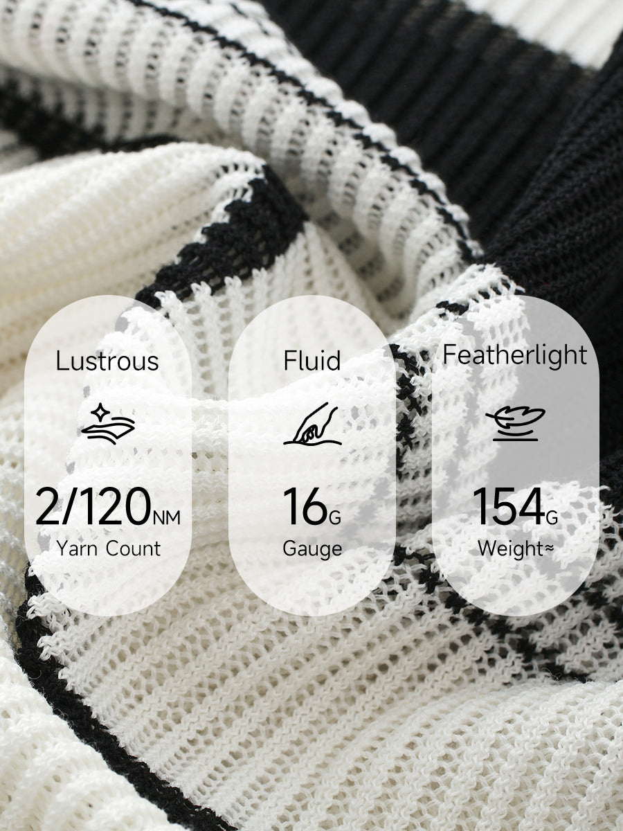 COMOBOCA Women's Asymmetric Stripe Mesh Knit Round Neck Sweater