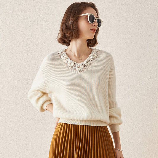 COMOBOCA BEIGE 100% cashmere V Neck Crochet Knit Sweater
