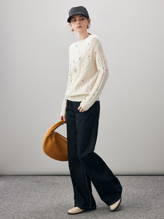 COMOBOCA 100% Cashmere Women's Cable Knit Colorful Accents Sweater