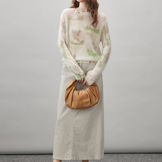 COMOBOCA Women's Bunny Printed Round Neck Sweater