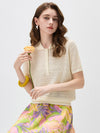 Women's Silk-Cotton Blend Peter Pan Collar Pointelle Knit Short Sleeve Top