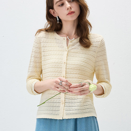 COMOBOCA Beige Women's Scalloped Pointelle Knit Cardigan