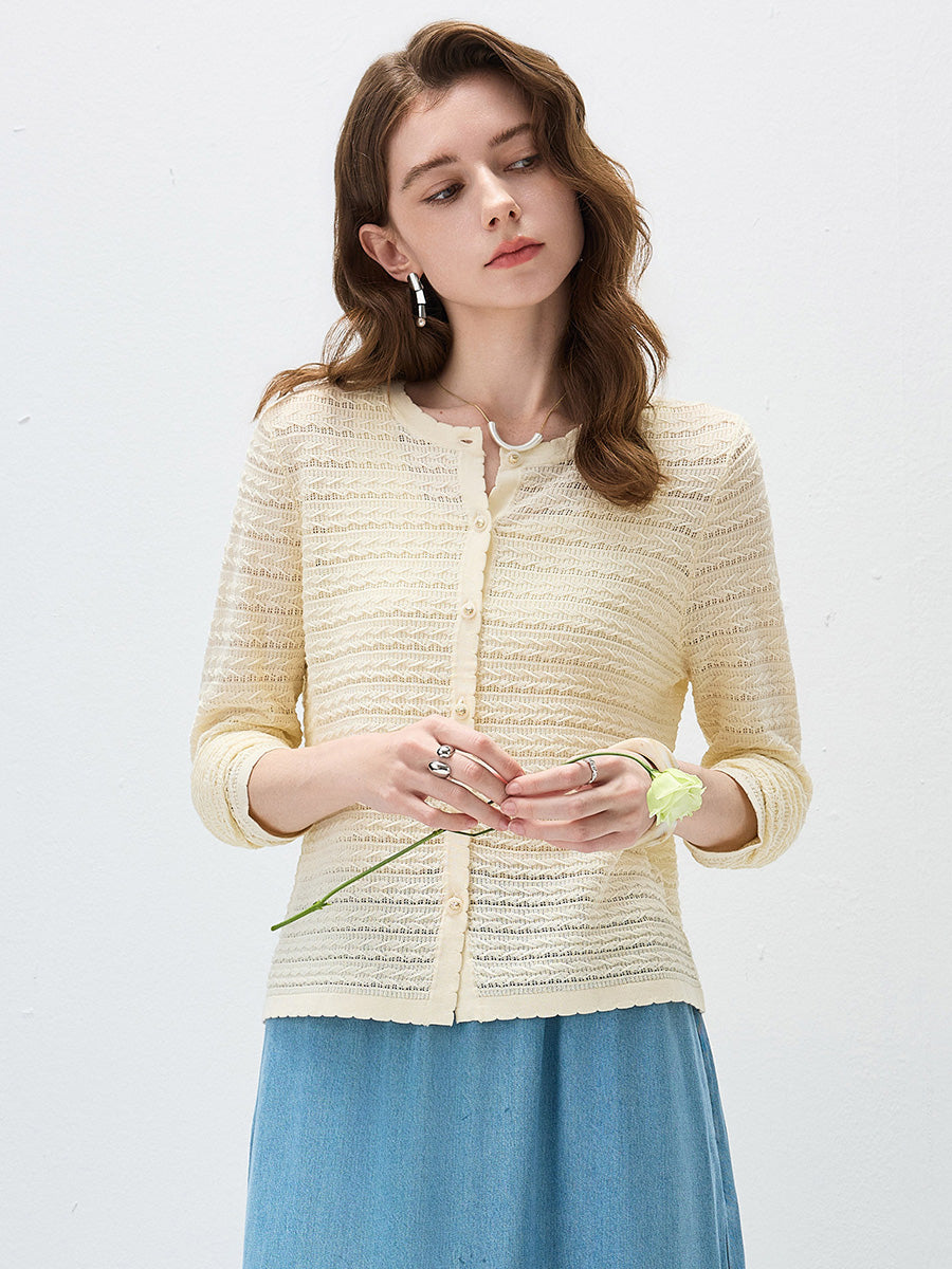 COMOBOCA Beige Women's Scalloped Pointelle Knit Cardigan