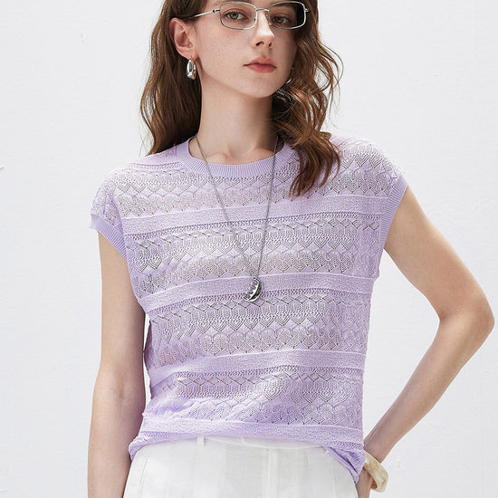 COMOBOCA Purple Women's Openwork Striped Sleeveless Knit T-Shirt