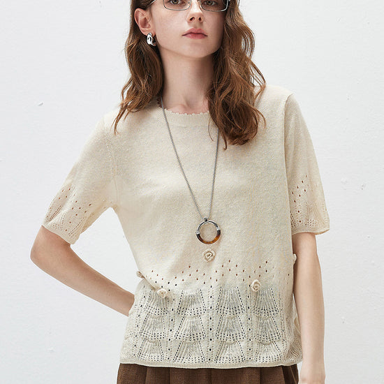 COMOBOCA Cream Women's Sheer Openwork Knit T-Shirt