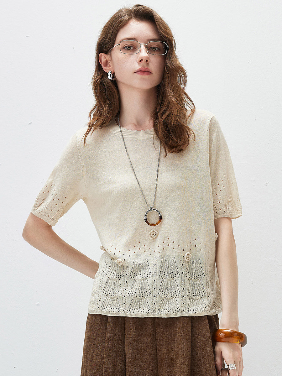 COMOBOCA Cream Women's Sheer Openwork Knit T-Shirt