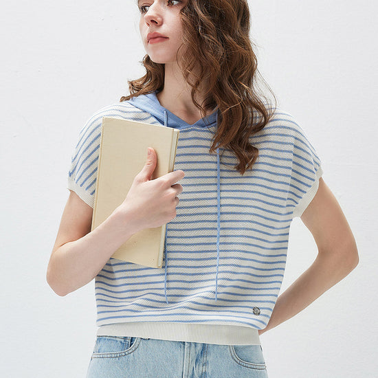 COMOBOCA Women's Striped Contrast Hooded Knit T-Shirt