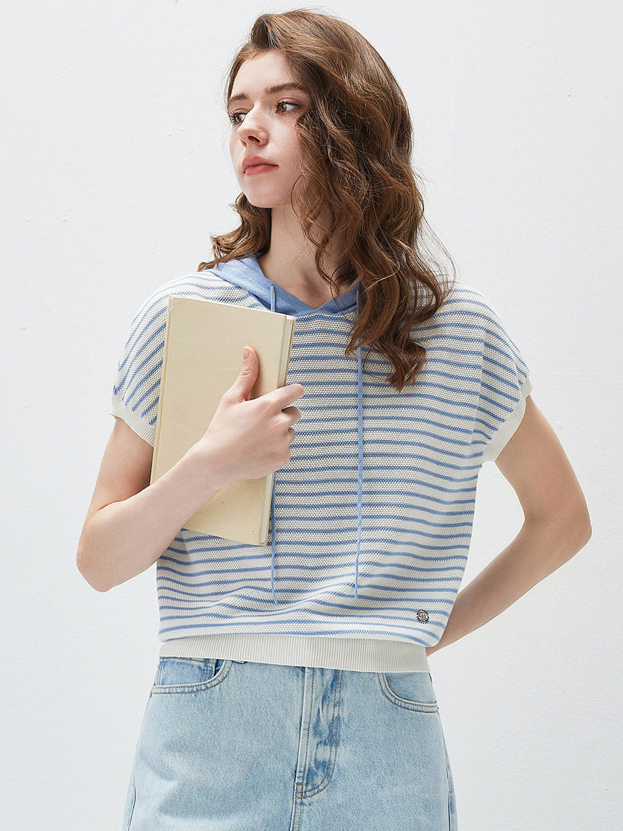 COMOBOCA Women's Striped Contrast Hooded Knit T-Shirt