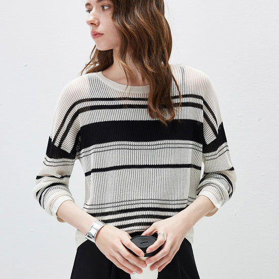 COMOBOCA Striped Women's Asymmetric Stripe Mesh Knit Round Neck Sweater
