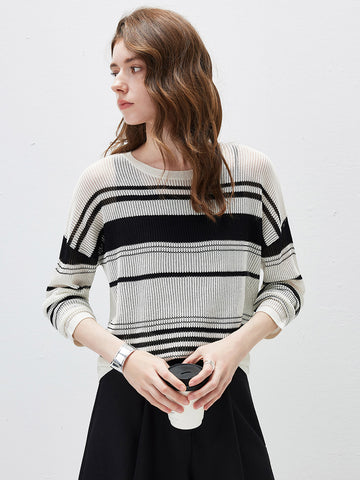 COMOBOCA Striped Women's Asymmetric Stripe Mesh Knit Round Neck Sweater