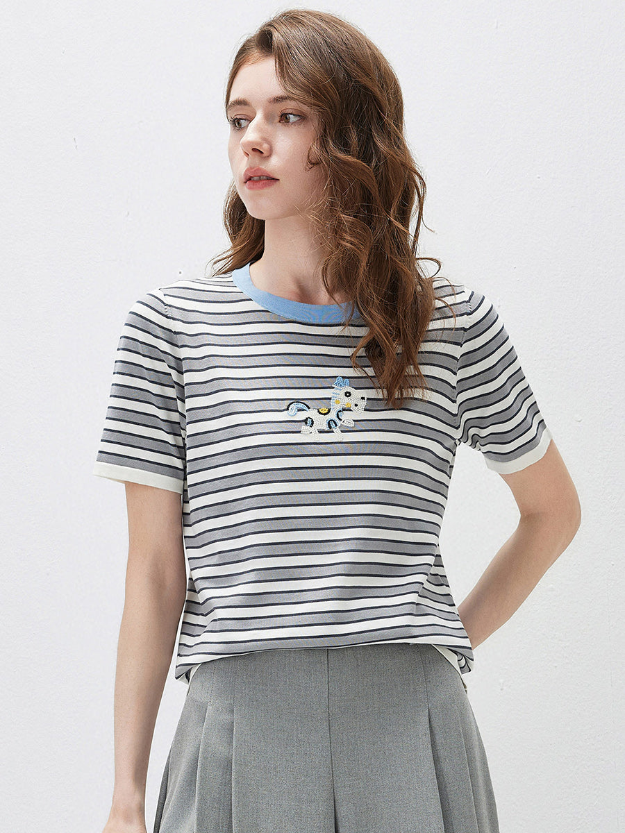 COMOBOCA Women's Embroidery Striped Knit Top
