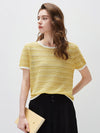 Women’s Round-Neck Linen Blend Dopamine Striped Knit Short Sleeve Top with Contrast Trim