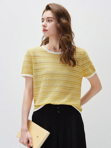 Women’s Round-Neck Linen Blend Dopamine Striped Knit Short Sleeve Top with Contrast Trim