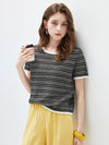 Women’s Round-Neck Linen Blend Dopamine Striped Knit Short Sleeve Top with Contrast Trim