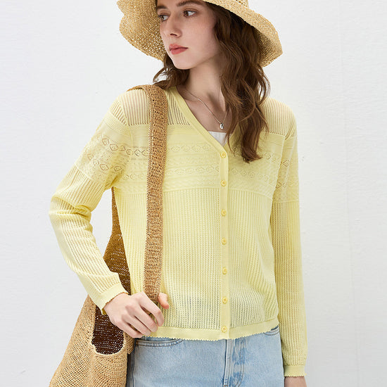 COMOBOCA Women's Pointelle Knit V-Neck Cardigan