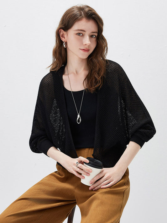 Women’s V-neck long-sleeve knit hollow-out linen-blend cardigan