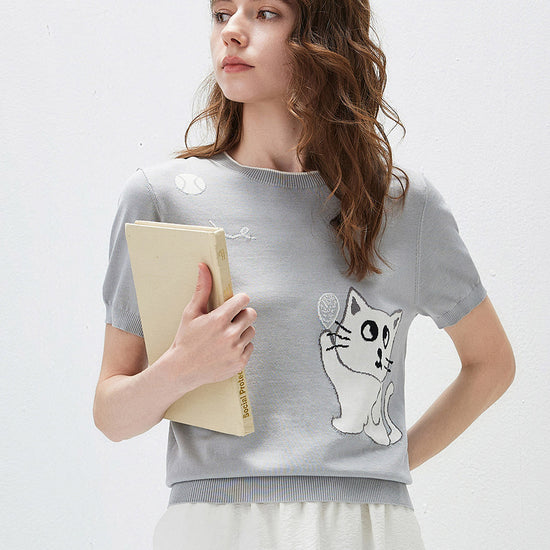 COMOBOCA Women's Cat And Tennis Intarsia Knit T-Shirt