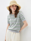 Women's Silk-Cotton Jacquard Stripe Knit Crew Neck Short Sleeve T-Shirt