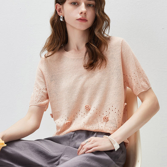 COMOBOCA Women's Sheer Openwork Knit T-Shirt