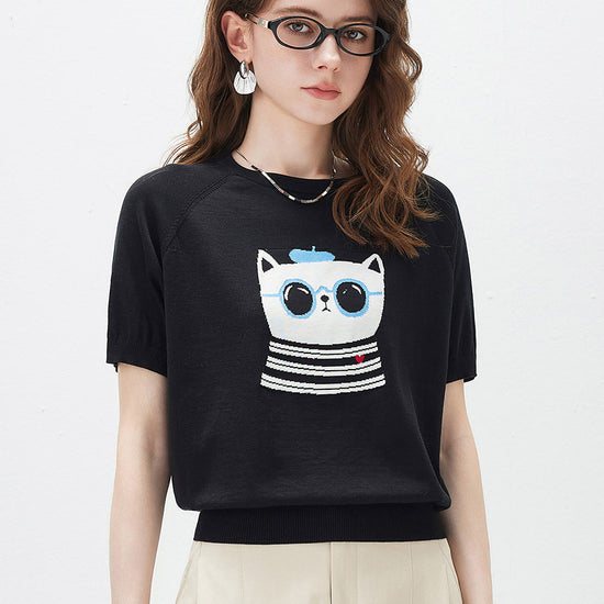 COMOBOCA Black Women's Cartoon Animal Intarsia Knit T-Shirt