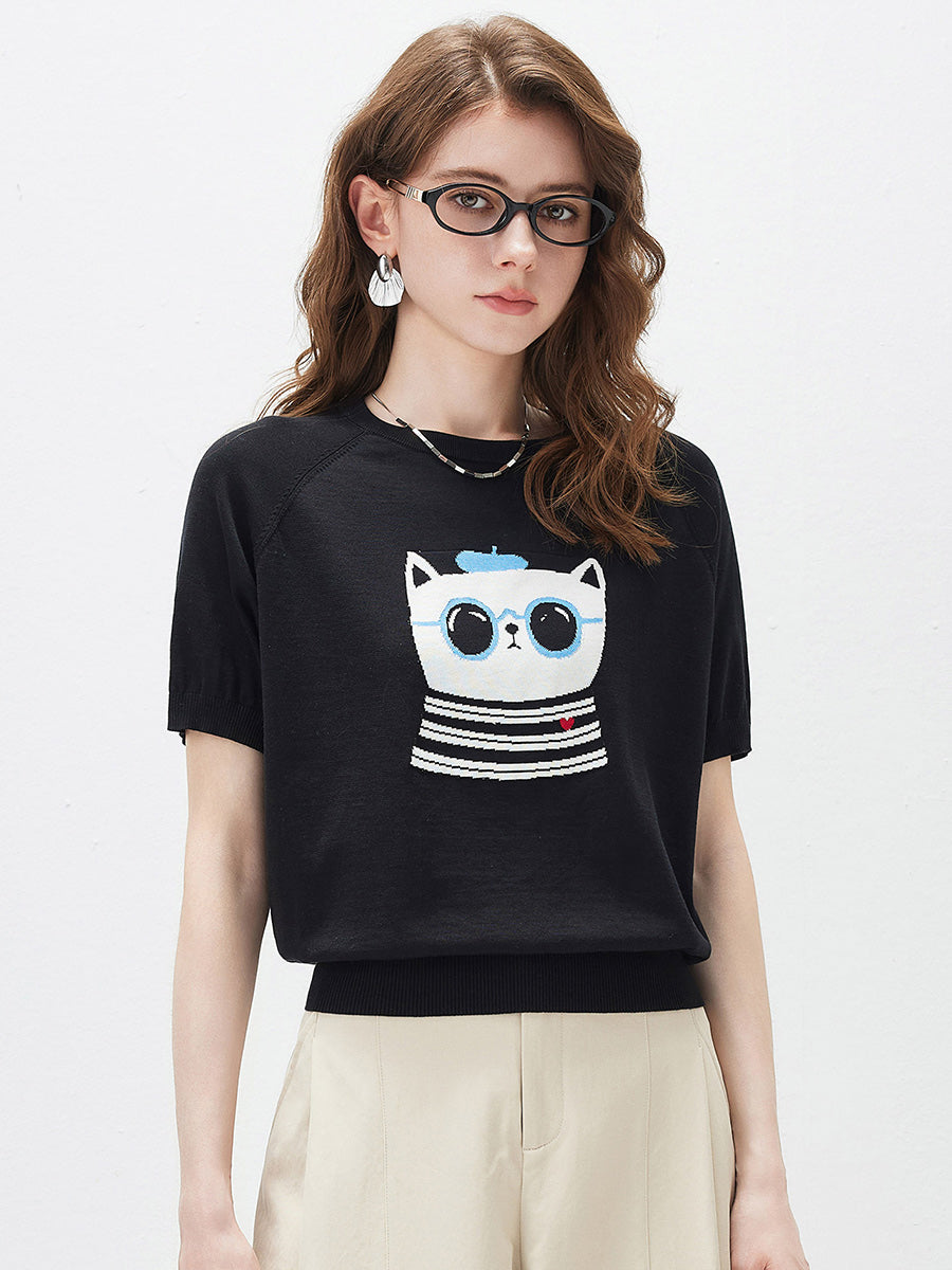 COMOBOCA Black Women's Cartoon Animal Intarsia Knit T-Shirt