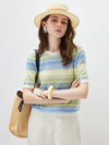 COMOBOCA Striped Women's Gradient Stripe Openwork Knit T-Shirt