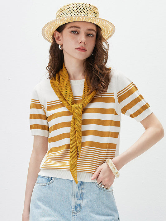 COMOBOCA Golden Women's Contrast Stripe Knit T-Shirt