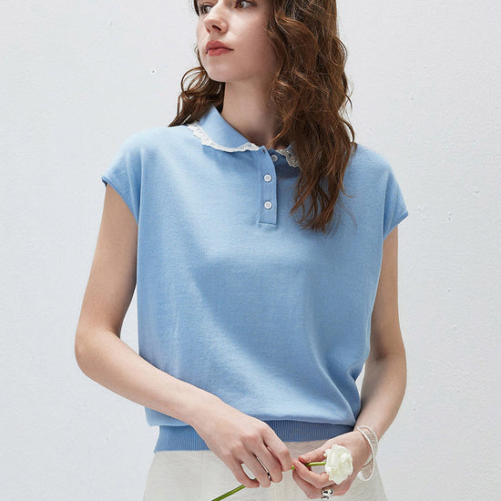 COMOBOCA Women's Lace Trim Collar Knit Polo T-Shirt