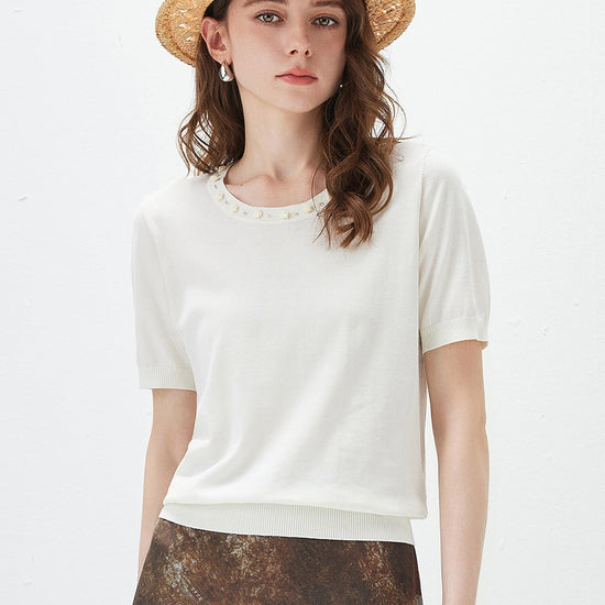 COMOBOCA Cloudy Women's Rhinestone Trim Knit T-Shirt