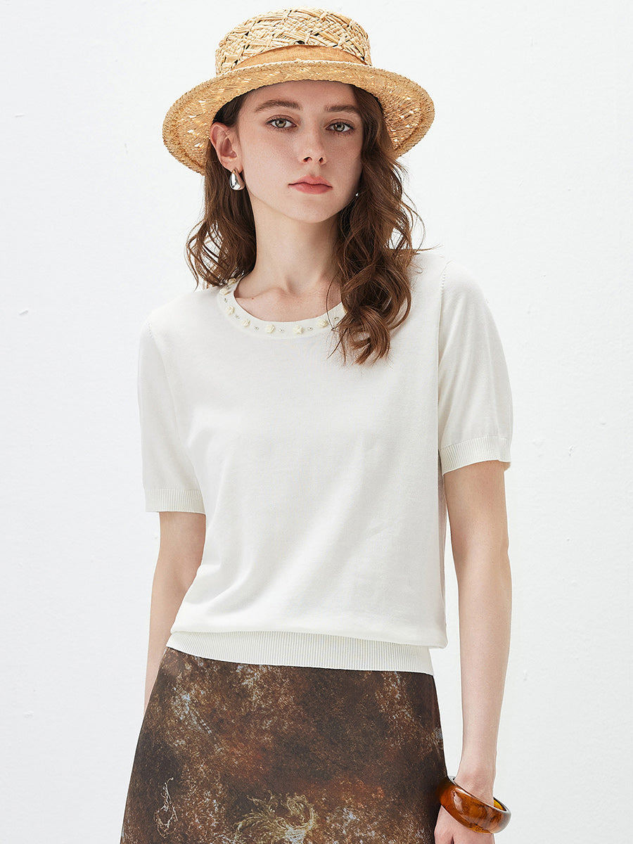 COMOBOCA Cloudy Women's Rhinestone Trim Knit T-Shirt