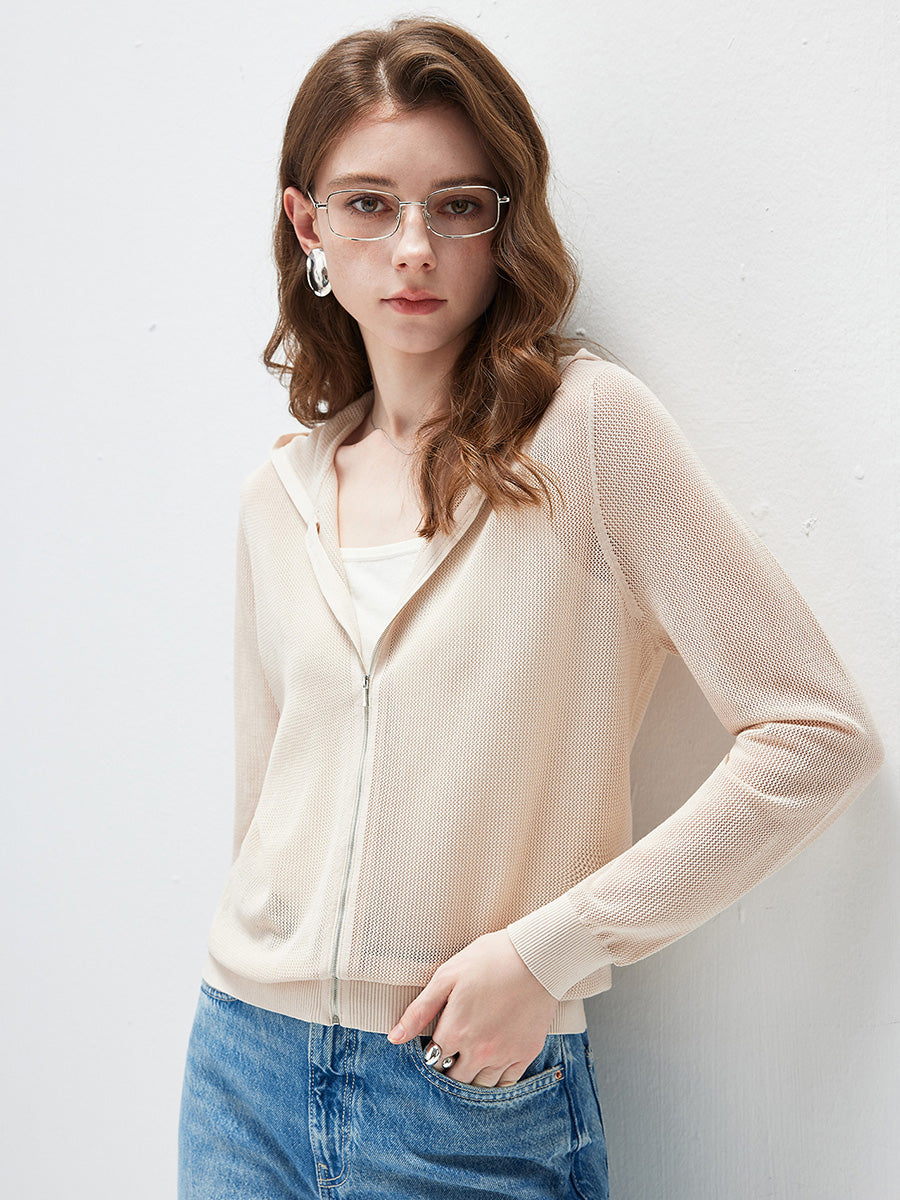 COMOBOCA Women's Sheer Mesh Hooded Zip Up Cardigan