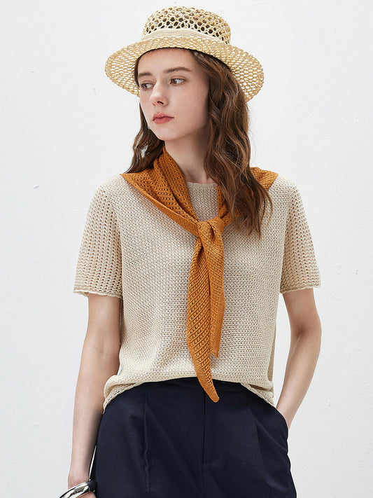 COMOBOCA Beige Women's Openwork Round Neck Knit T-Shirt