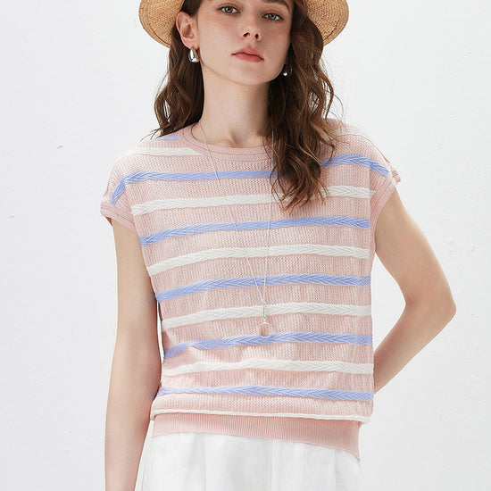 COMOBOCA Women's Striped Knit Cap Sleeve T-Shirt