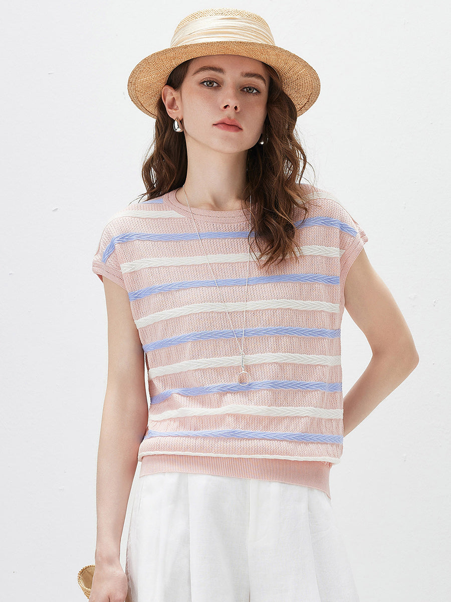 COMOBOCA Women's Striped Knit Cap Sleeve T-Shirt
