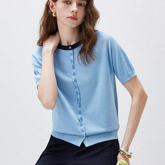 COMOBOCA Women's Contrast Trim Button Front Knit Cardigan