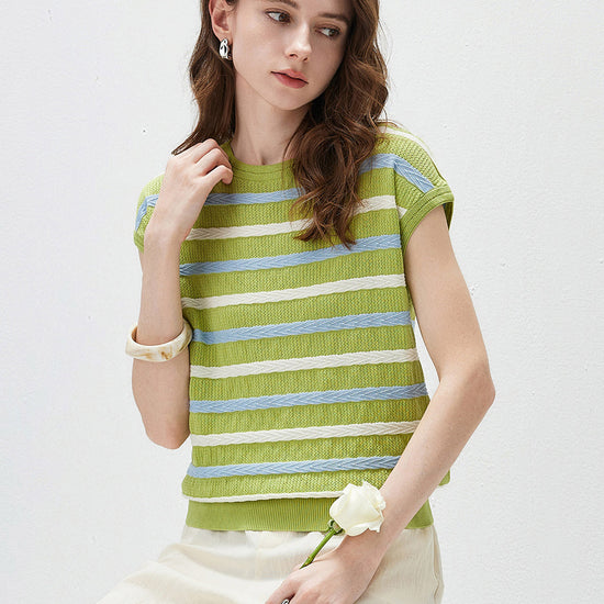 COMOBOCA Women's Striped Knit Cap Sleeve T-Shirt