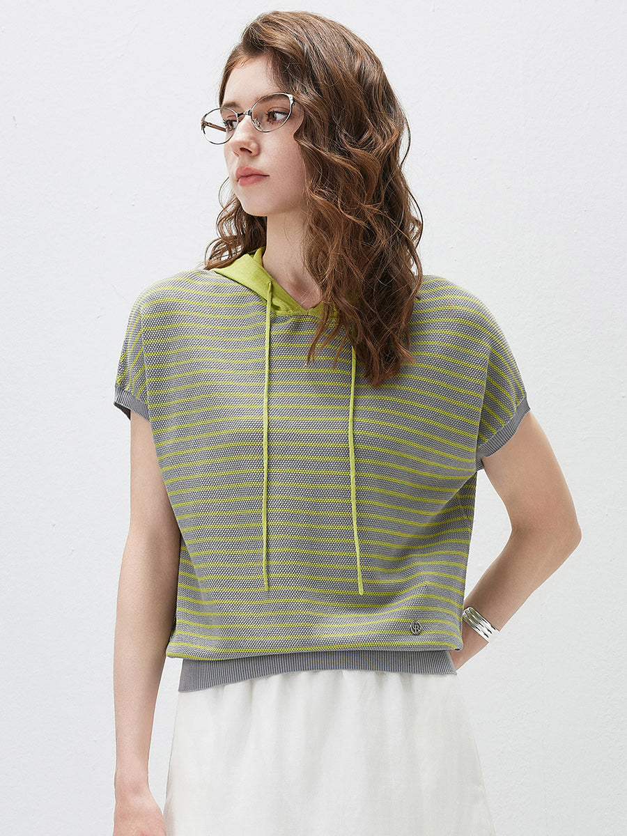 COMOBOCA Green Women's Striped Contrast Hooded Knit T-Shirt