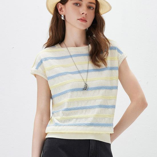 COMOBOCA Light Blue Women's Striped Knit Cap Sleeve T-Shirt