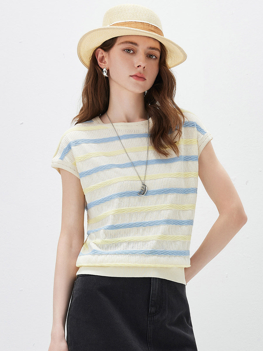 COMOBOCA Light Blue Women's Striped Knit Cap Sleeve T-Shirt